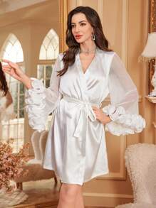 Côtesoire Áo choàng tắm bằng vải satin trang trí viền xếp nếp dành cho nữ, đồ sang trọng gợi cảm, mùa thu, mùa đông - trắng - Xem 6