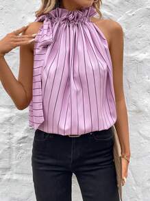 SHEIN LUNE 休闲条纹蝴蝶结前褶边领无袖衬衫，法式时尚街头时尚办公室装扮，春夏 - 紫色 - 查看 3