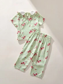 SHEIN طقم ملابس علوية وبنطلون قصير الأكمام للبنات الرضع ملابس كاجوال بطبعات مربعات وأزهار دقيقة - متعدد الألوان - مشاهدة 2