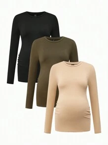 SHEIN 3-Piece Maternity Round Neck Long Sleeve Bodycon T-Shirt Set, Casual - Army Green - View 8