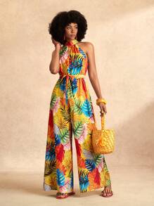 Slaydiva Combinaison pour femmes avec imprimé feuilles oranges colorées, col montant, bretelles halter, sans manches, jambes larges extra-longues, section de taille avec nœud papillon. Pour les vacances à la plage, nouveau printemps et été.