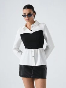 SHEIN EZwear 女式黑白梭织荷叶边下摆衬衫、长袖上衣 - 黑與白 - 查看 4