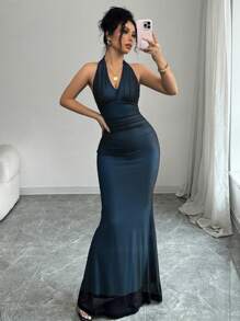 Rafferiza 优雅修身鱼尾下摆 V 领腰部褶皱针织网眼衬里连衣裙，适合女士，秋冬季，多色 - 彩色 - 查看 7