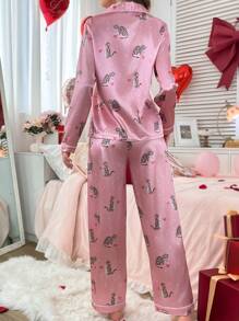 Valentine's Day Heart Cat Pattern Satin Lapel Women Pink Pajama Set - Multicolor - View 2