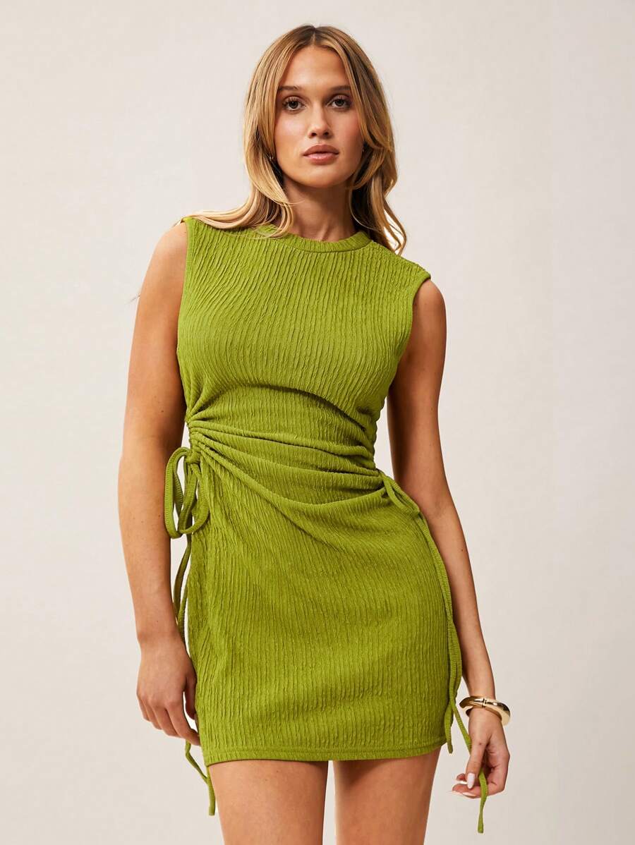 SHEIN Essnce Drawstring Side Solid Tank Dress - Green - View 1