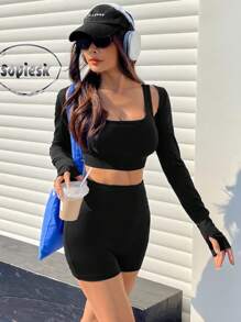 SHEIN EZwear Black Elastic Knit Tight Yoga Sports Vest And Shorts Set For Women