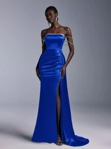 Elitara 优雅露肩串珠领口和袖子，泡泡下摆，侧褶，高开叉，女士美人鱼晚礼服（重磅款式）正式舞会婚礼宾客礼服，适合毕业典礼、晚宴 - 寶藍色 - 查看 4