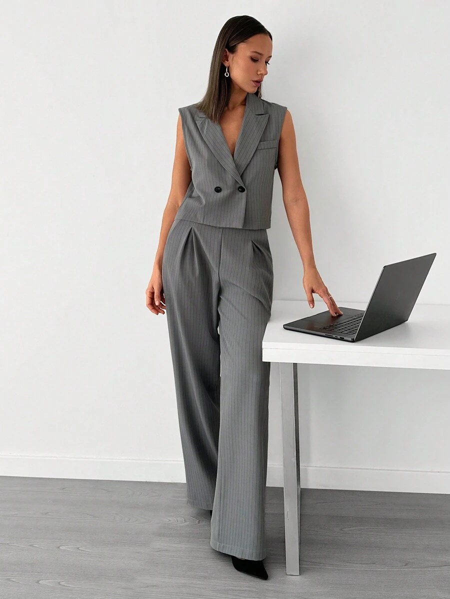 EURMUSE 小码女式条纹宽肩西装 - 淺灰色 - 查看 1