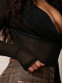 SUMWON WOMEN Áo liền quần dài tay cổ tròn quấn tay lưới bán trong suốt dự tiệc tối câu lạc bộ thời trang thu đông - màu đen - Xem 8