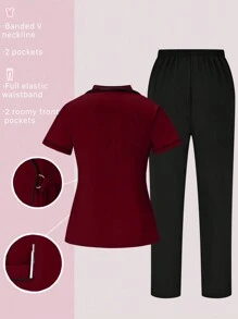 TaskEZ 2pcs Contrast Trim Casual Short Sleeve Top And Solid Color Pants Uniform Set, Scrub Sets - Burgundy - View 2