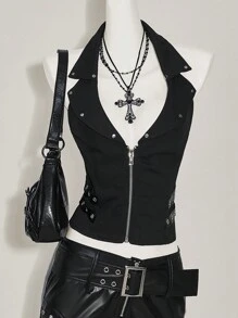 SHEIN ICON 女士无袖前拉链休闲上衣，日常穿着 - 黑色 - 查看 3