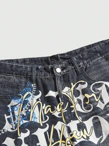 ROMWE MEN Street Life Spring/Summer Casual Graphic Men'S Street Letter Print Patch Pocket Loose Denim Shorts - Black - View 4
