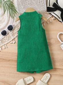 2pcs/Set Young Girl Plain Round Neck Side Split Hem Top & Shorts Set - Green - View 2
