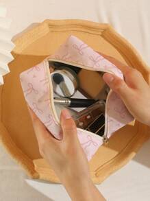ROMWE Kawaii Pink Bow Pattern Octagon Velour Cosmetics Bag - Multicolor - View 4