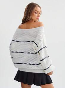 SHEIN LUNE Suéter de capa base cómodo y cálido para mujer, con cuello redondo, manga farol de hombro caído, bloques de color, rayas y textura, para uso casual, commuter, elegante y al aire libre en otoño/invierno - Multicolor - Ver 4