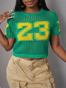 Slaydiva New Spring And Summer Casual Street Sports Style Round Neck Short-Sleeved Yellow Star Pattern 23 Slogan Logo Crocheted Dark Green Women's Sweater-B - Dark Green - View 5