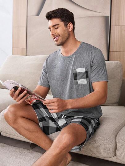 SHEIN Conjunto de pijama de 2 piezas con estampado de cuadros: camisa de manga corta y pantalón corto para hombre