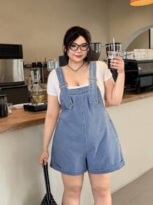 SHEIN EZwear 大码女式可调节扣式牛仔背带短裤