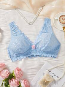 Plus Size Lace Bow Decor Wireless Bra Lingerie - Blue - View 1
