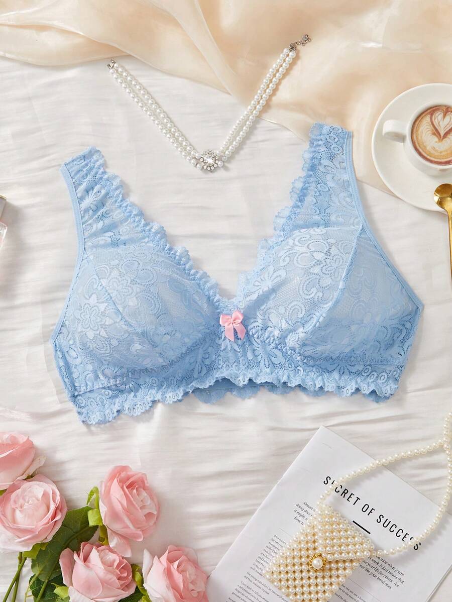 Plus Size Lace Bow Decor Wireless Bra Lingerie - Blue - View 1