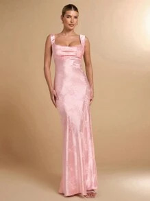 SHEIN BAE 春夏浅粉色无袖性感露背蝴蝶结装饰女式提花纹理连衣裙，适合情人节、派对、浪漫约会、伴娘、舞会、通勤、生日、日常 - 粉色 - 查看 2