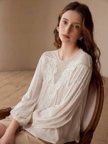 MOTF CONTRAST LACE LANTERN SLEEVE BLOUSE,SPRING/SUMMER
