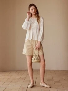 MOTF CONTRAST LACE LANTERN SLEEVE BLOUSE,SPRING/SUMMER