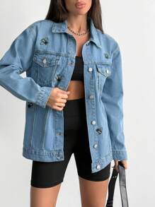 EURMUSE WOMEN DENIM EMBROIDERY BEE DETAIL JACKET - Light Wash - View 1