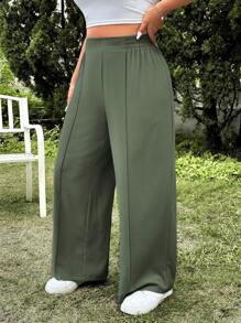 SHEIN EZwear 大码女式纯色松紧腰宽松休闲裤 - 橄欖綠 - 查看 4