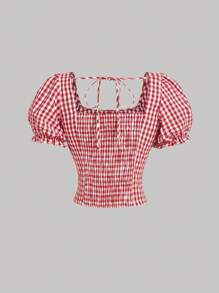 SHEIN MOD Women's Puff Sleeve Cropped Shirt, Red Plaid Blouse - Red - View 2
