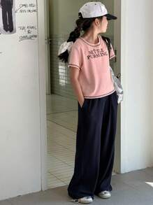 DAZY 2 件套青少年女孩字母印花短袖 T 恤和裤子套装，返校服装 - 粉色 - 查看 2