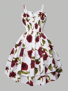 Teen Girls Red Rose Floral Bubble Sleeve Waist Fit Short Dress, Suitable For Spring/Summer, Holiday
