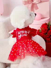 PETSIN 1 st. I WOOF YOU Rood Hartpatroon Mock Neck Lantaarnmouw Gevlokt & Mesh Huisdier Hondenjurk, Luxe Valentijnsoutfit
