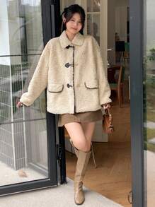 DAZY 女士撞色抓绒外套，秋季女装女式外套 - 米色 - 查看 8