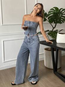 DAZY Conjunto de bralette ajustada y vaqueros de pierna recta estilo vaquero casual desgastado y lavado para mujer - Azul - Ver 3