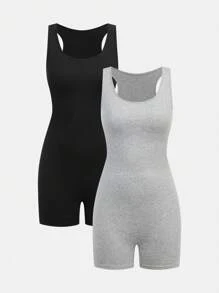 SHEIN 2 件套青少年女孩休闲简约舒适黑色和玫瑰红针织长袖短款上衣和高腰短裤套装，百搭纯色连体衣，完美的夏季选择 - 彩色 - 查看 1