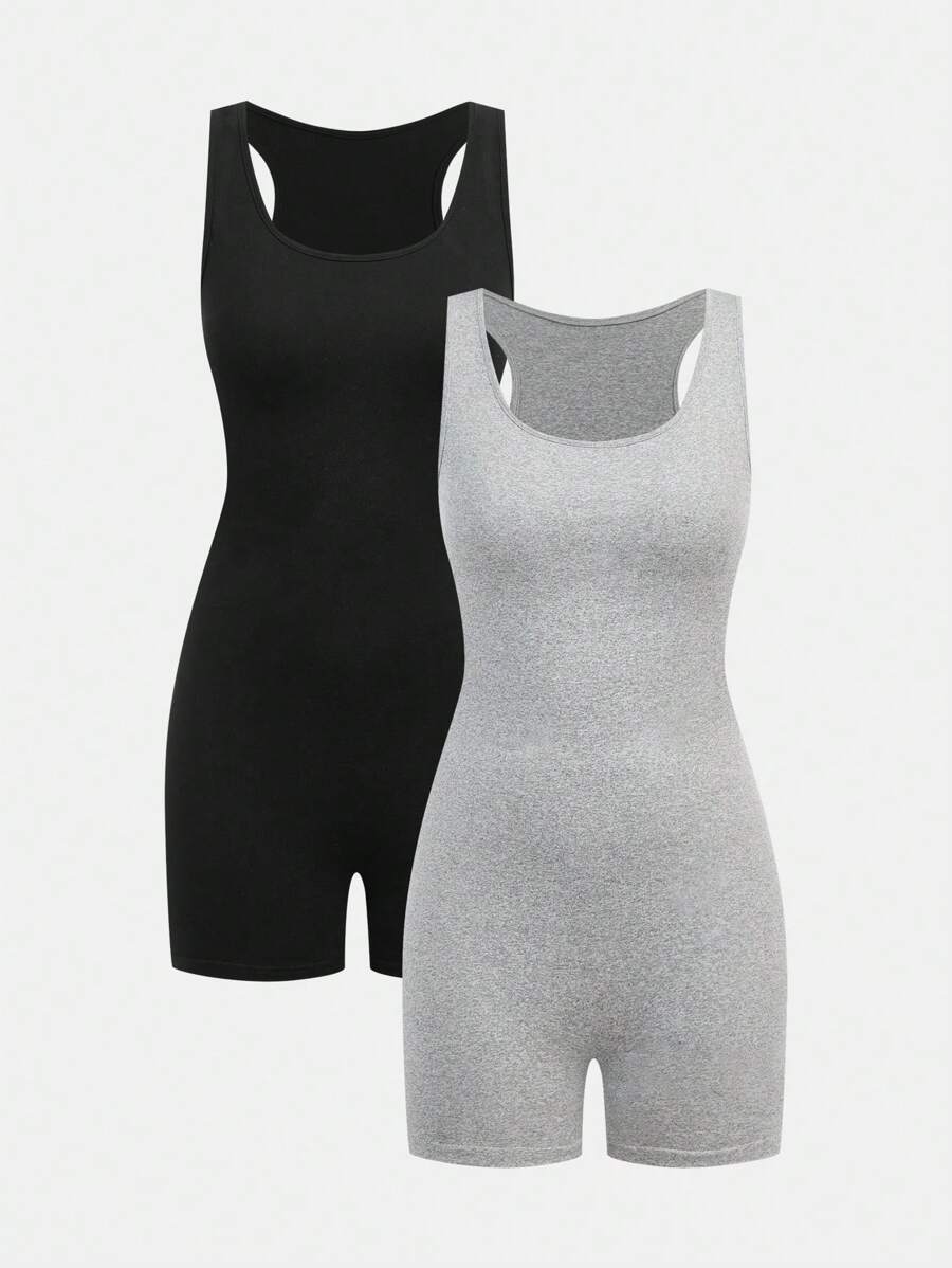 SHEIN 2 件套青少年女孩休闲简约舒适黑色和玫瑰红针织长袖短款上衣和高腰短裤套装，百搭纯色连体衣，完美的夏季选择 - 彩色 - 查看 1