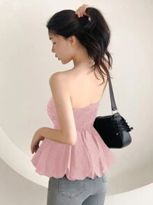 DAZY Women's Solid Color Bandeau Sleeveless Shirt, Slim Fit, Holiday/Vacation/Beach, Spring/Summer,Ruffle Babydoll Top Going Out Tops - Pink - View 2