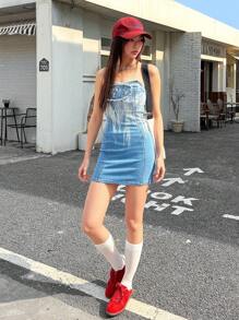 SHEIN EZwear 女士休闲紧身牛仔迷你连衣裙，蓝色 - 淺色水洗藍 - 查看 3