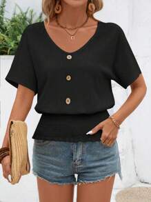 EMERY ROSE 女式纯色前扣简约休闲短袖衬衫，夏季 - 黑色 - 查看 4