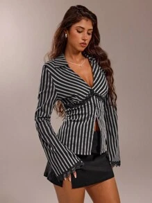 Forever 21 Women's Elegant Commuter Striped Lace Trim Blouse - Black - View 1