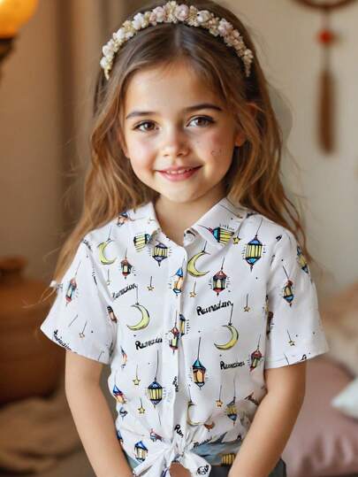 SHEIN 青少年女孩超大休闲星星和月亮印花短袖系带下摆衬衫