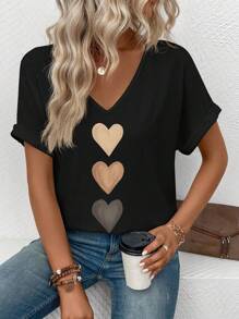 SHEIN Women's V-Neck Ruffle Sleeve, Ombre Heart Graphic Casual Versatile T-Shirt, Spring/Summer - Black - View 3