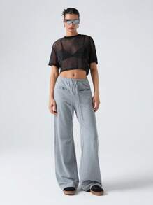 SHEIN EZwear 夏季黑色閃爍網眼透視短袖上衣 - 黑色 - 查看 5