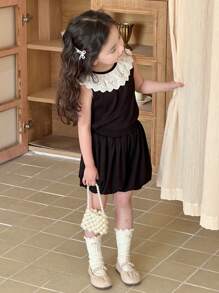DAZY 2pcs/Set Young Girl Simple & Chic Casual Daily Sleeveless Top And Skirt Set,Girls Summer Outfits - Black - View 1