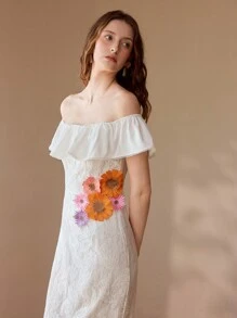 MOTF PREMIUM VESTIDO CON ESCOTE DESCUBIERTO DE HOMBROS Y ENCAJE DE CONTRASTE - Blanco - Ver 2