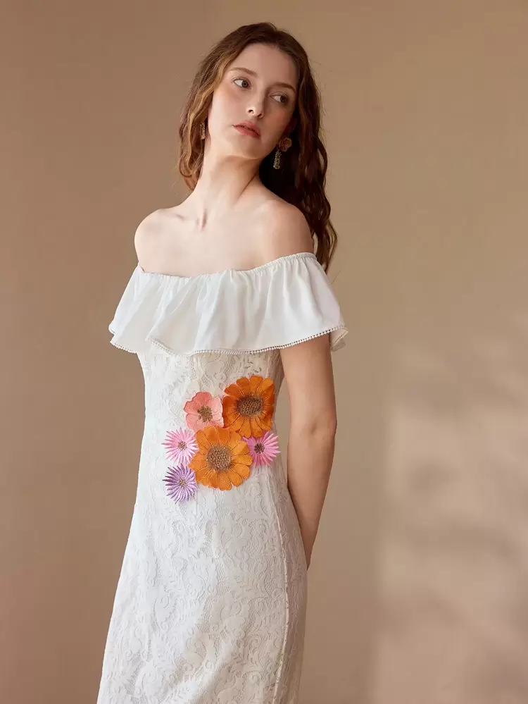 CONTRAST LACE OFF SHOULDER DRESS