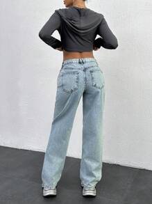 EURMUSE WOMEN STRAIGHT LOW WAIST JEANS CHAIN DETAIL - Light Wash - View 2