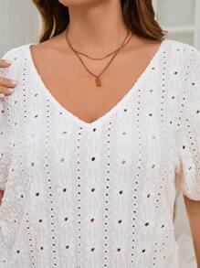 SHEIN Frenchy Plus Size Women Casual Simple Jacquard Textured Solid Color V-Neck T-Shirt, Reversible,Short Sleeve Top - Apricot - View 7