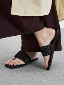 CUCCOO BIZCHIC Women Square Toe Scrunched Slip-On Flat Sandals - Black - View 5